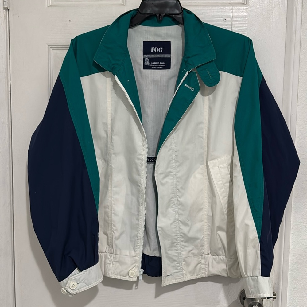 VTG London Fog Jacket Men’s L White Green Blue Colorblock Full Zip Windbreaker